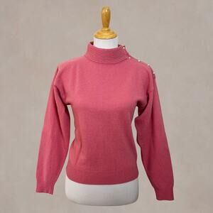 Vintage 80s Pink Angora Wool Turtleneck Sweater Pearl Shoulder M